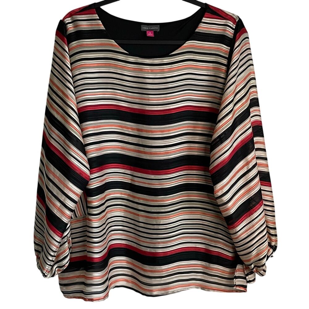 Vince Camuto Top Blouse Sz 1X Striped Long Sleeves Lined Orange Black Beige